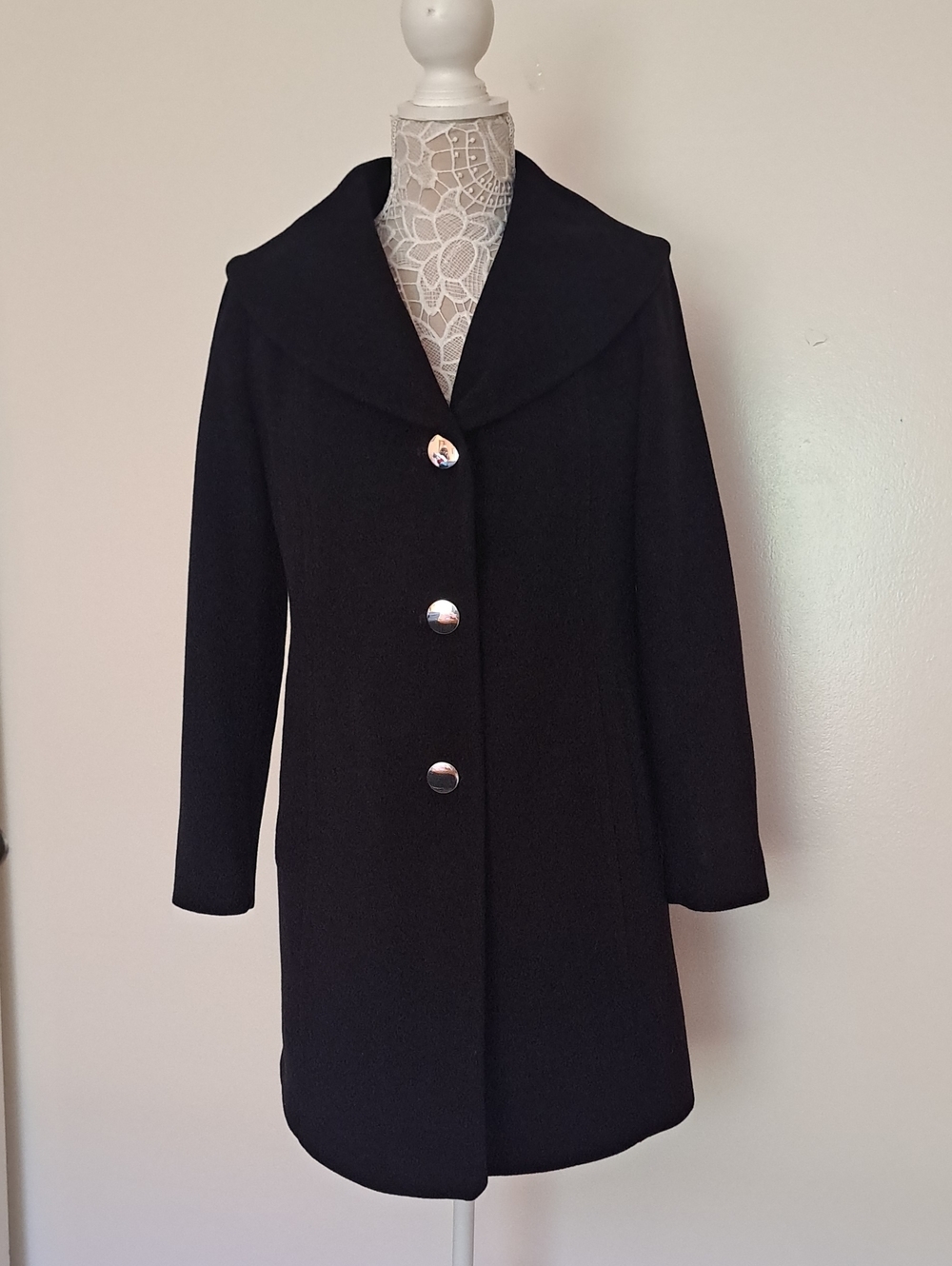 Anne Klein Black Wool Pea Coat with Statement Buttons